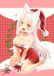  1girl :d animal_ears bare_shoulders breasts christmas cleavage collarbone dress fang fox_ears fox_tail gloves hat heart kohaku_(yua) looking_at_viewer off-shoulder_dress off_shoulder open_mouth orange_eyes original red_dress red_gloves santa_hat sitting slit_pupils smile solo tail wariza white_hair yua_(checkmate) 