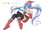  1girl absurdres bell black_legwear blue_eyes blue_hair boots full_body gift hair_bell hair_ornament hat hatsune_miku highres jingle_bell light_smile long_hair looking_at_viewer matching_hair/eyes merry_christmas mittens red_boots santa_costume santa_hat solo thigh-highs twintails very_long_hair vocaloid white_background yang_(wuhan) 
