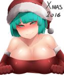  1girl 2016 @_@ alternate_costume alternate_hairstyle bangs bare_shoulders blunt_bangs blush breasts cleavage collarbone dress elbow_gloves gloves green_hair half-closed_eyes hat head_tilt kaboom_(bunsyakaboom) kagiyama_hina large_breasts looking_at_viewer merry_christmas nose_blush red_dress red_gloves santa_hat shiny shiny_clothes shiny_skin short_hair simple_background skindentation smile solo strapless strapless_dress touhou upper_body white_background 