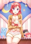  1girl breasts character_doll cleavage hairband looking_at_viewer love_live! love_live!_school_idol_project mmrailgun nishikino_maki redhead short_hair smile solo stuffed_animal stuffed_bunny stuffed_toy teddy_bear thigh-highs violet_eyes yazawa_nico 