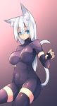  1girl animal_ears black_hair blue_eyes bodysuit breasts cat_ears cat_tail fingerless_gloves gloves gradient gradient_background highres large_breasts long_hair looking_at_viewer navel original silver_hair solo sub-res tail thigh-highs 