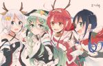  4girls adapted_costume animal_ears antlers aqua_eyes bell blue_hair blush capelet christmas fur_trim gradient green_eyes green_hair hair_flaps hair_ornament hairband hairpin itomugi-kun kantai_collection kawakaze_(kantai_collection) looking_at_another mole mole_under_eye multiple_girls open_mouth redhead remodel_(kantai_collection) scarf silver_hair simple_background smile suzukaze_(kantai_collection) umikaze_(kantai_collection) yamakaze_(kantai_collection) yellow_eyes 