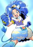  1girl :d animal_ears blue blue_eyes blue_gloves blue_hair blue_legwear choker clenched_hand commentary_request crown cure_gelato doriyamatsurugi earrings fang female fighting_stance gloves highres jewelry kirakira_precure_a_la_mode kneehighs layered_skirt lion_ears lion_tail long_hair magical_girl matching_hair/eyes mini_crown open_mouth precure sketch smile solo tail tategami_aoi 