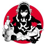  1boy bottle frown full_body gothic_lolita hairband hand_on_own_knee legs_crossed limited_palette lolita_fashion lolita_hairband looking_at_viewer male_focus monochrome moyashimon saitou_yahu sake_bottle sitting solo 