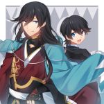  2boys black_hair blue_eyes braid haori horikawa_kunihiro izumi-no-kami_kanesada japanese_clothes juugonichi_(wheeliex2) looking_back male_focus multiple_boys open_mouth shinsengumi side_braid smile touken_ranbu 