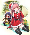  1boy 1girl absurdres blue_hair breasts chibi fate/grand_order fate/stay_night fate_(series) highres lancer long_hair looking_at_viewer medb_(fate/grand_order) pink_hair red_eyes santa_costume shimo_(s_kaminaka) smile tree 