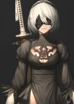  1girl artist_request black_background black_dress blindfold breasts cleavage dress hairband highres long_sleeves mole mole_under_mouth nier_(series) nier_automata puffy_sleeves short_hair simple_background solo sword weapon white_hair yorha_unit_no._2_type_b 