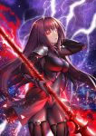  1girl bangs between_breasts bodysuit breasts covered_navel cowboy_shot electricity eyebrows_visible_through_hair fate/grand_order fate_(series) gae_bolg hair_intakes holding holding_weapon large_breasts long_hair looking_at_viewer pauldrons polearm purple_background purple_bodysuit purple_hair red_eyes scathach_(fate/grand_order) shards shiny shiny_clothes skindentation solo spear suishougensou very_long_hair weapon 