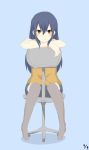  1girl absurdres arute_arisu blue_background blue_hair brown_eyes fairy_tail green_eyes hair_between_eyes highres long_hair looking_at_viewer shorts simple_background sitting smile solo thigh-highs wendy_marvell 