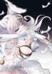  1girl animal_ears bare_shoulders blue_eyes breasts cat_ears cover cover_page doujin_cover dress elbow_gloves erun_(granblue_fantasy) feathers fingerless_gloves gloves granblue_fantasy hair_ornament hand_on_own_chest hato_haru korwa long_hair looking_at_viewer silver_hair solo white_gloves 