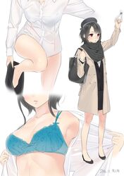  1girl alternate_costume ama_mitsuki arm_up armpits beret black_hair black_jacket black_scarf black_skirt blouse blue_bra bra breasts casual coat collarbone commentary_request dated formal full_body hat high_heels jacket kantai_collection leaning_forward leg_lift lips looking_at_viewer looking_away medium_breasts miniskirt open_blouse open_clothes parted_lips pencil_skirt red_eyes scarf short_hair skirt standing standing_on_one_leg takao_(kantai_collection) thighs underwear undressing upper_body white_blouse winter_clothes winter_coat 