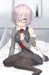  1girl black-framed_eyewear black_legwear breasts come_hither commentary_request fate/grand_order fate_(series) glasses hair_over_one_eye highres jonsun large_breasts long_sleeves looking_at_viewer necktie pantyhose pillow purple_hair red_necktie shielder_(fate/grand_order) short_hair solo they_had_lots_of_sex_afterwards violet_eyes 