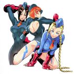  3girls ahoge blonde_hair blue_eyes boots braid breasts brown_eyes brown_hair cammy_white fingerless_gloves garrison_cap gloves hat huge_ahoge juli juni leotard multiple_girls murata_yuusuke orange_hair ribbed_leotard scar street_fighter street_fighter_iii_(series) thong_leotard 