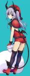  1girl aqua_background bangs black_legwear blush boots capelet christmas demon_girl demon_horns demon_tail demon_wings from_side fur-trimmed_gloves fur_trim garter_straps gloves hair_between_eyes hat holding horns lavender_hair long_hair looking_at_viewer mini_wings original over-kneehighs red_gloves sack santa_hat short_shorts shorts side_ponytail solo standing sukebewe tail thigh-highs violet_eyes wings 