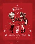  +_+ 2017 2girls aori_(splatoon) artist_name bow cousins cup cursive domino_mask dress drinking_glass english full_body gift gloves hair_ornament happy_new_year hat high_heels highres holding hotaru_(splatoon) large_bow leg_ribbon long_hair looking_at_viewer mask merry_christmas mini_hat mini_top_hat mole mole_under_eye multiple_girls new_year pantyhose parted_lips red red_background reindeer ribbon seto_(asils) short_dress short_hair short_sleeves signature smile smirk snowflakes splatoon standing symmetrical_pose tentacle_hair top_hat wine_glass 