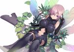  1girl armor armored_boots armored_dress bare_shoulders black_boots black_gloves black_legwear blush boots breasts closed_mouth dutch_angle elbow_gloves fate/grand_order fate_(series) flower food fruit gem glint gloves greaves hair_over_one_eye highres holding katsudansou large_breasts leaf looking_at_viewer navel navel_cutout one_eye_covered plant purple_hair saint_quartz shielder_(fate/grand_order) shiny shiny_hair short_hair simple_background sitting sleeveless smile solo stomach thigh-highs thigh_strap violet_eyes white_background white_flower 