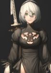  1girl artist_request black_background black_dress blindfold_removed breasts cleavage dress green_eyes hair_between_eyes hairband highres long_sleeves mole mole_under_mouth nier_(series) nier_automata puffy_sleeves short_hair simple_background solo sword weapon white_hair yorha_unit_no._2_type_b 