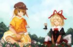  2girls akaiha_(akaihagusk) animal_ears blonde_hair blush closed_eyes clouds dango dress eating fairy_wings floppy_ears flower food hair_ribbon hat highres lily_of_the_valley medicine_melancholy multiple_girls no_nose orange_shirt plant rabbit_ears red_ribbon ribbon ringo_(touhou) shirt short_sleeves sitting sky smile stick su-san touhou wagashi wavy_mouth wings 
