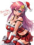  1girl ;p amania_orz bare_shoulders bell bell_earrings belt blue_eyes breasts buckle choker christmas cleavage collarbone crop_top dated earrings fur-trimmed_gloves fur-trimmed_legwear fur_trim gloves gundam gundam_seed gundam_seed_destiny hair_ornament hat jewelry large_breasts long_hair meer_campbell merry_christmas one_eye_closed pink_hair red_gloves red_legwear red_skirt sack santa_costume santa_gloves santa_hat shiny shiny_hair sidelocks skirt solo star star_hair_ornament strap_slip thigh-highs tongue tongue_out twitter_username 