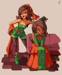  2girls bandanna bare_shoulders black_hair boots breasts bridal_gauntlets bustier cleavage dark_skin dress full_body gloves green_gloves headband joakim_sandberg leggings lips long_dress long_hair medium_breasts mina_(the_iconoclasts) multiple_girls pout samba_de_julho shorts the_iconoclasts very_dark_skin zipper 