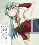  1girl adapted_costume alternate_costume aqua_hair clenched_teeth commentary_request detached_sleeves eyebrows_visible_through_hair hair_between_eyes hair_ornament hairclip kantai_collection kozou_(rifa) long_hair looking_at_viewer salute santa_costume solo stuck suzuya_(kantai_collection) sweatdrop teeth they_had_lots_of_sex_afterwards thought_bubble through_wall translation_request 