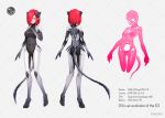  1girl ass character_sheet hair_over_one_eye horns lg_electronics looking_to_the_side masin0201 pelvis pointy_ears red_eyes redhead short_hair skeleton skin_tight skull solo spines standing tail 