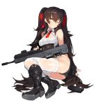  1girl arms_behind_back belt black_boots black_gloves black_hair black_panties blush boots breasts brown_eyes cleavage eyebrows eyebrows_visible_through_hair fingerless_gloves full_body girls_frontline gloves hair_between_eyes hair_ribbon head_tilt leaning_to_the_side long_twintails looking_to_the_side magazine_(weapon) medium_breasts necktie official_art one_eye_closed panties personification qbz-97 qbz-97_(girls_frontline) red_ribbon ribbon sitting solo strap thigh-highs torn_clothes torn_thighhighs transparent_background twintails underwear white_legwear 