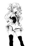  1girl breasts corset frown gluteal_fold greyscale hand_on_hip highres long_hair looking_at_viewer monochrome necktie original over-kneehighs skirt small_breasts solo thigh-highs tokki two_side_up wavy_hair 