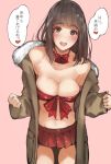  1girl :d bangs bare_shoulders blush bow bowtie breasts brown_eyes brown_hair cleavage collarbone cowboy_shot eyebrows_visible_through_hair front-tie_top heart large_breasts long_coat long_hair midriff miniskirt navel open_mouth original pink_background pleated_skirt red_bow red_bowtie red_skirt simple_background skirt sleeves_past_wrists smile solo speech_bubble standing teeth translated tsukino_wagamo 