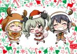  3girls anchovy animal_costume antlers bag bangs bell black_hair black_ribbon blonde_hair blush_stickers brown_dress brown_jacket brown_shorts candy candy_cane capelet carpaccio chibi christmas_tree commentary dress drill_hair fake_antlers food full_body girls_und_panzer grin hair_ribbon hand_on_hip hat holding hood hooded_jacket jacket jingle_bell long_hair long_sleeves looking_at_viewer multiple_girls musical_note nekota_susumu open_mouth outstretched_arms pepperoni_(girls_und_panzer) quaver red_dress red_eyes red_hat reindeer reindeer_antlers reindeer_costume ribbon santa_costume short_hair shorts sleeveless smile snowflakes spread_arms standing star thumbs_up twin_drills twintails 
