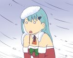  1girl ascot breasts christmas_tree_hair_ornament cleavage commentary_request detached_sleeves female flat_color gradient gradient_background green_hair ishii_hisao kantai_collection long_hair o_o snowing solo suzuya_(kantai_collection) upper_body white_background 
