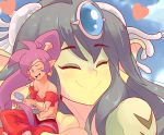  2girls dark_skin forehead_jewel giantess giga_mermaid green_hair green_skin hair_brush hair_brushing monster_girl multiple_girls purple_hair sally_(luna-arts) shantae:_half-genie_hero shantae_(character) shantae_(series) smile 