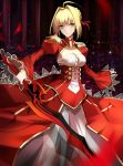 1girl aestus_estus ahoge bangs blonde_hair blurry braid breasts center_opening cleavage depth_of_field dress epaulettes expressionless fate/extella fate/extra fate_(series) french_braid hair_bun highres holding holding_sword holding_weapon juliet_sleeves lace lace-trimmed_dress lace-trimmed_sleeves large_breasts long_dress long_sleeves petals puffy_sleeves red_dress saber_extra see-through shiguru short_hair_with_long_locks solo standing sword weapon white_leotard 