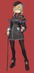  1girl beret black_legwear blonde_hair boots cane capelet coat full_body gloves_removed grey_eyes hair_between_eyes hair_ornament hairclip hand_in_pocket hat long_hair looking_at_viewer original red_background red_scarf scarf simple_background solo standing walkure_(mikudearest) 