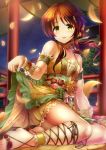  1girl bare_shoulders blush breasts brown_eyes brown_hair dress feet flower hair_flower hair_ornament highres idolmaster idolmaster_cinderella_girls idolmaster_cinderella_girls_starlight_stage japanese_clothes long_hair looking_at_viewer ment petals skirt_hold sky small_breasts smile solo star_(sky) starry_sky takamori_aiko toes 
