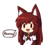  1girl animal_ears blush brooch brown_hair chibi dress english imaizumi_kagerou jewelry layered_clothing long_hair long_sleeves lowres multicolored_dress open_mouth red_dress short_sleeves smile solid_circle_eyes solo touhou upper_body very_long_hair white_dress wolf_ears wool_(miwol) 