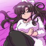  1girl bangs bed black_legwear blue_eyes blunt_bangs bow brown_hair closed_mouth dress from_above frown hair_bow half-closed_eyes kuonji_ukyou long_hair lying on_back pantyhose ranma_1/2 solo sweater sweater_dress wantan-orz white_bow white_dress 