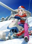  1girl abazu-red alternate_costume blonde_hair blue_eyes blurry boots coat commentary_request crossed_arms depth_of_field girls_und_panzer gloves ground_vehicle hat highres kay_(girls_und_panzer) long_hair looking_at_viewer military military_vehicle motor_vehicle open_mouth pants pink_pants red_coat red_hat riding sitting sky smile snow snowmobile solo tank vehicle_request white_gloves winter_clothes 
