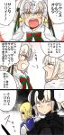  ahoge blonde_hair comic fate/grand_order fate/stay_night fate_(series) headpiece highres jeanne_alter jeanne_alter_(santa_lily)_(fate) long_hair multiple_girls ponytail ruler_(fate/apocrypha) saber saber_alter santa_alter short_hair sword taichou_furyou translation_request weapon yellow_eyes younger 