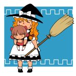  2girls :&lt; apron bangs black_jack_(series) blonde_hair bow braid broom brown_hair closed_eyes collar crossover dress frilled_apron frilled_hat frills full_body hair_ribbon hat hat_bow height_difference holding_broom kirisame_marisa long_hair multiple_girls onikobe_rin outside_border parted_bangs pinoko ribbon short_hair short_sleeves smile socks standing touhou turtleneck waist_apron wavy_hair witch_hat |_| 