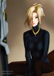  1girl arms_between_legs black_shirt blonde_hair blue_eyes blurry breasts brown_background brown_legwear brown_pants chromatic_aberration collar commentary depth_of_field exhausted facing_viewer hair_over_one_eye high_ponytail highres indoors long_sleeves looking_at_another medium_breasts mercy_(overwatch) messy_hair no_bra nose overwatch pants pantyhose parted_lips partially_undressed pekoe_(robert) pink_lips realistic shirt sitting skin_tight solo staff tired v_arms watermark web_address 