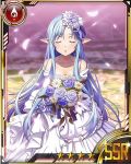  1girl asuna_(sao-alo) bare_shoulders blue_flower blue_hair breasts card_(medium) cherry_blossoms cleavage closed_eyes collarbone dress holding_bouquet long_hair medium_breasts necktie solo star sword_art_online waiting_for_kiss wedding_dress white_dress white_flower 
