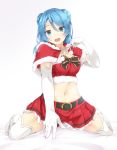  1girl :d alternate_costume blue_eyes blue_hair bow breasts capelet double_bun elbow_gloves gloves highres kantai_collection kneeling large_breasts looking_at_viewer midriff navel open_mouth santa_costume smile spread_legs thigh-highs urakaze_(kantai_collection) 