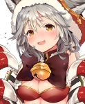  1girl :3 :d animal_ears bangs bell blush breasts brown_eyes claw_(weapon) claws erun_(granblue_fantasy) fangs flying_sweatdrops granblue_fantasy grey_hair hair_between_eyes hood ichihaya jingle_bell looking_at_viewer open_mouth sen_(granblue_fantasy) short_hair simple_background smile solo upper_body weapon white_background 