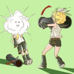  1boy 1girl 2016 arm_warmers arms_at_sides bazooka belt birthday black_shorts blonde_hair blouse bruise burnt_clothes carrying_over_shoulder commentary dirty_face explosive finger_on_trigger firing green_background headphones highres injury kagamine_len kagamine_rin leg_warmers legs_apart messy_hair necktie outstretched_arm over_shoulder paper pocket ribbon ribbon-trimmed_shorts ribbon_trim rindo8_(rindo7) sailor_collar shadow shoe_soles short_hair short_shorts shorts simple_background sleeveless smoke squiggle standing torn_clothes vocaloid weapon weapon_over_shoulder white_blouse white_ribbon yellow_necktie 