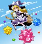  1girl apron black_bow black_bowtie black_hat black_shoes black_skirt black_vest blonde_hair blue_sky bow bowtie broom broom_riding candy commentary_request day food frilled_apron frilled_hat frilled_skirt frills full_body grin hair_bow hair_ribbon hat hat_bow jar kirisame_marisa konpeitou long_hair looking_down mary_janes puffy_short_sleeves puffy_sleeves ribbon shinapuu shoes short_sleeves skirt sky smile solo tagme touhou tress_ribbon vest waist_apron white_apron white_bow white_legwear witch_hat yellow_eyes 