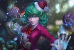  1girl adapted_costume candy candy_cane curly_hair dress flat_chest food green_eyes green_hair hat highres lips nose one-punch_man outstretched_arms red_dress reindeer santa_hat short_hair solo stuffed_animal stuffed_toy tatsumaki telekinesis wei_chang 
