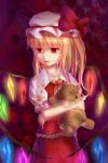 1girl blonde_hair blood bow chu_qing collarbone dress flandre_scarlet hair_bow hat long_hair red_bow red_eyes solo touhou white_hat wings 