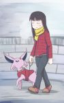  1girl black_hair character_request closed_eyes collar dog_tags espeon gem highres long_hair looking_up pokemon pokemon_(game) scarf sweater violet_eyes 