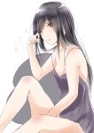  1girl babydoll between_legs black_hair breasts brown_eyes cleavage eyebrows_visible_through_hair hand_between_legs highres knee_up long_hair murabito_c nightgown one_eye_closed original sitting small_breasts solo strap_slip waking_up white_background 